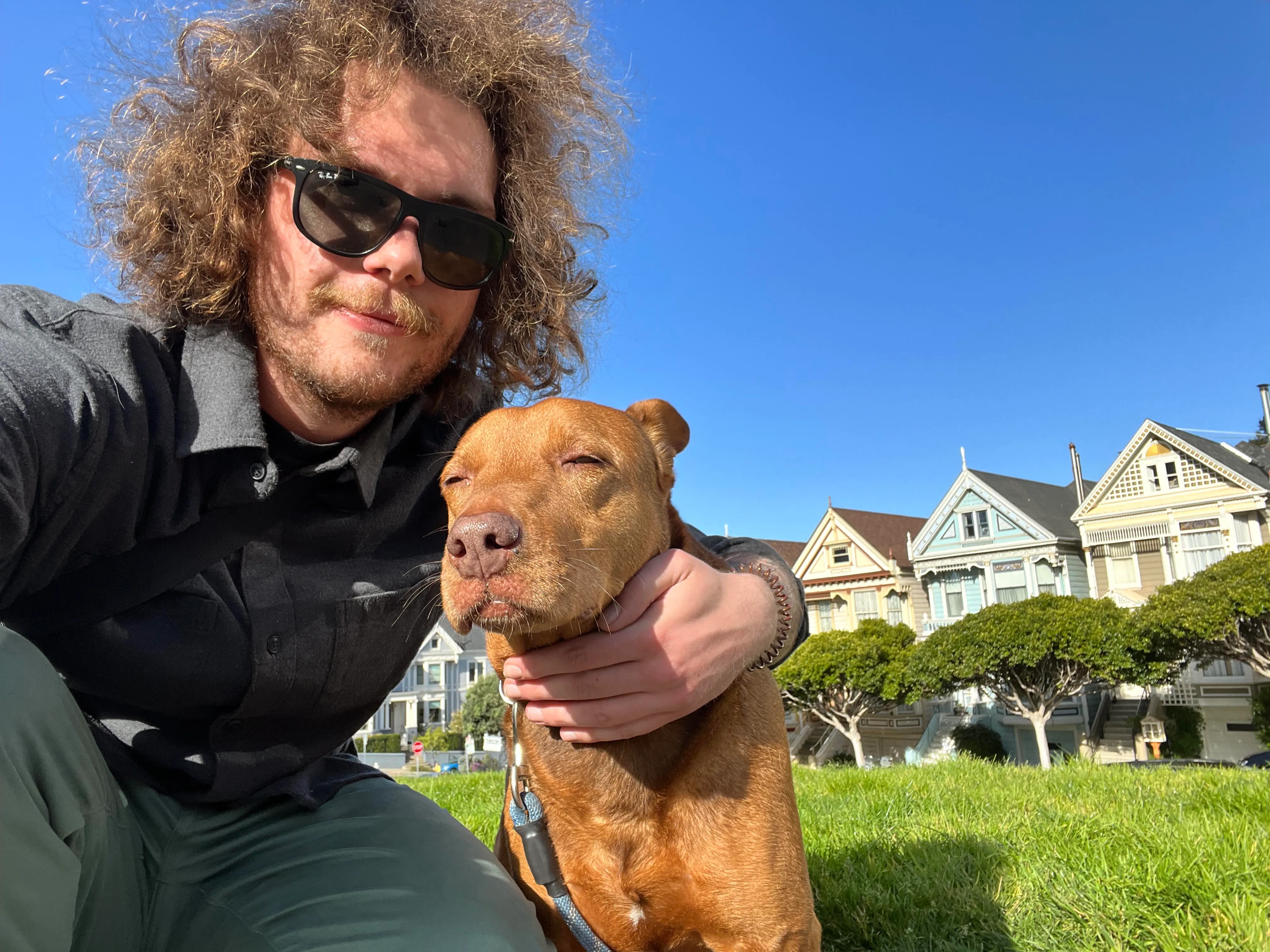 Jacob with a brown dog on the grass at Alamo Square, with rows of colorful Victorian houses behind them.